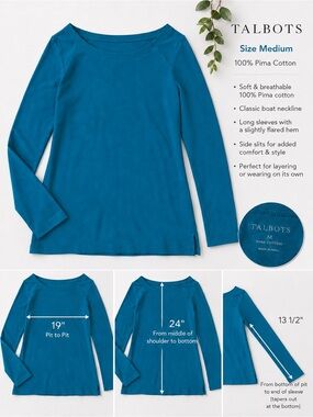 TALBOTS turquoise blue long sleeve T-shirt, size medium. 100% Pima cotton.